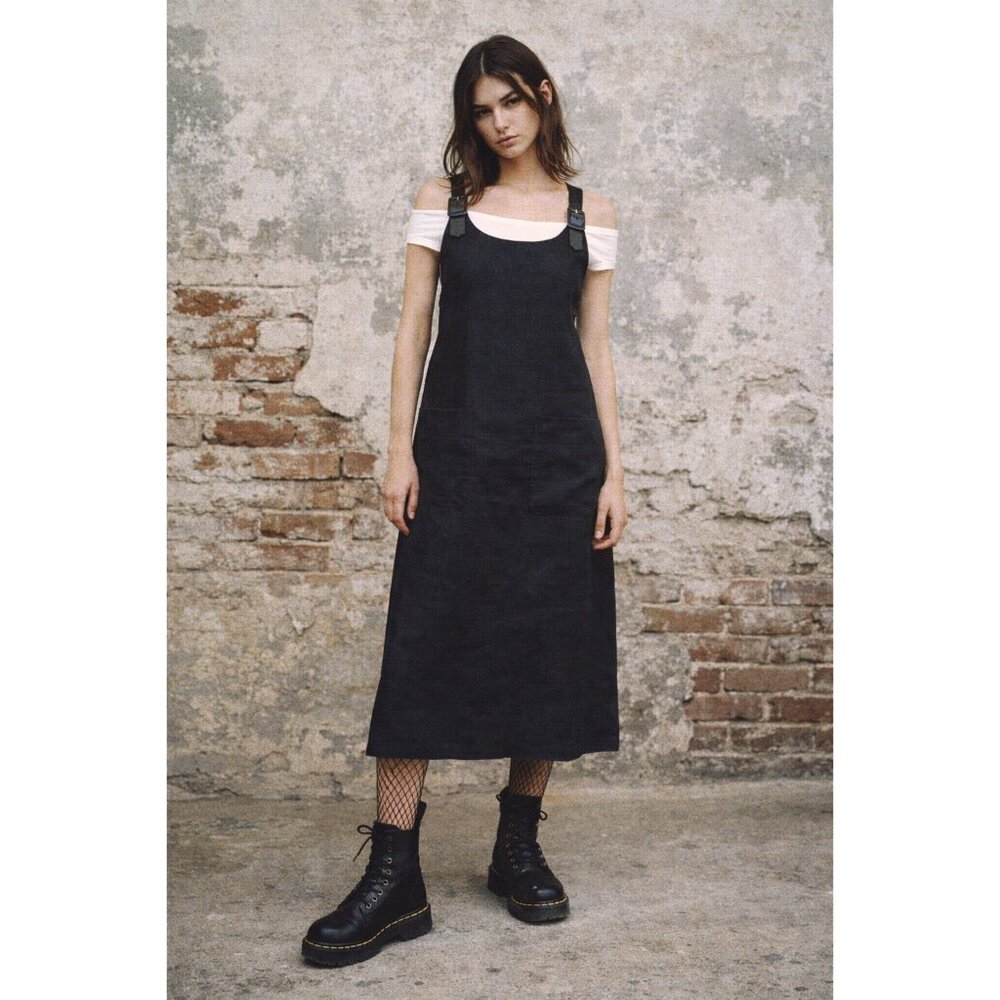 Vintage 90s Laundry Shelli Segal Pinafore Jumper Dress Sz Petite Black Linen